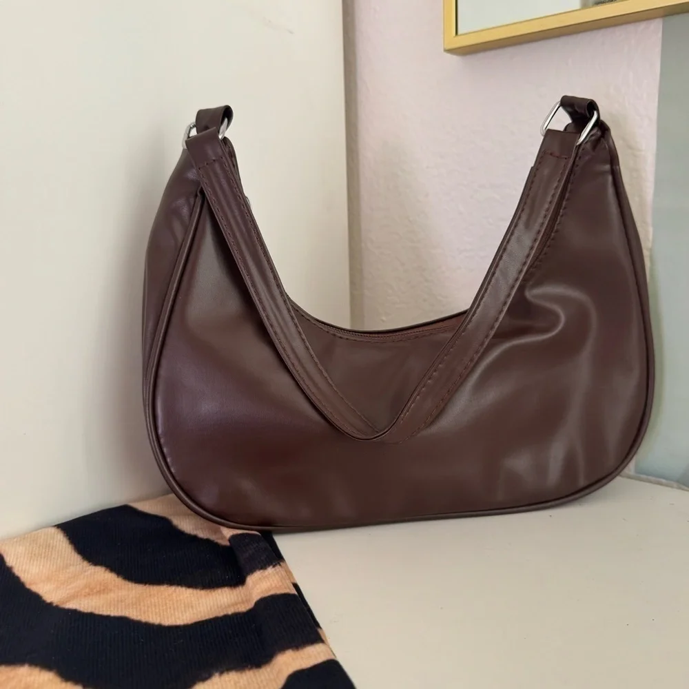 Brown Faux Leather Shoulder Bag with Silver Bow Detail | Coquette | NWOT